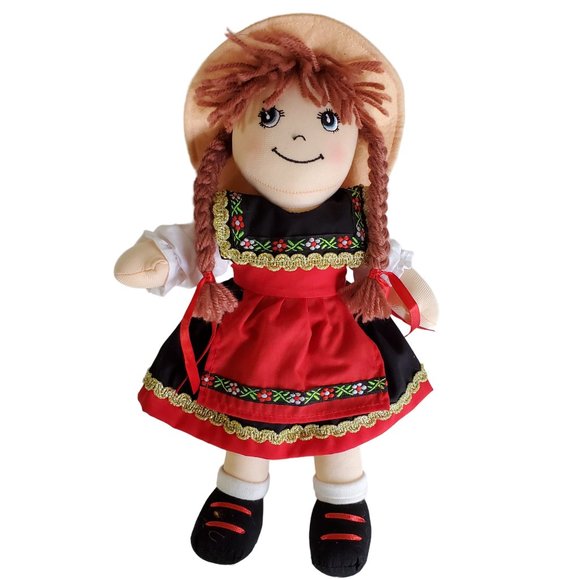 German Girl Doll Plush Stuffed Cloth Red Braided Yarn Hair Ethnic Costume Dress - Picture 2 of 10